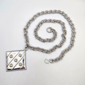 KJL Kenneth Jay Lane Silver Tone Faux Pearl Textured Links Chain Necklace